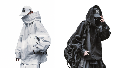 white and black techwear jackets